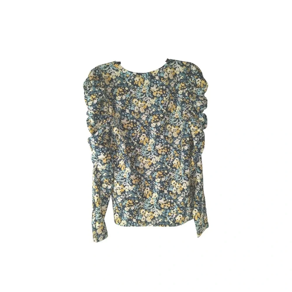 LOFT Women M Multi Floral V-Neck Long Sleeve Ruched Puff Shoulder‎ Textured Top
